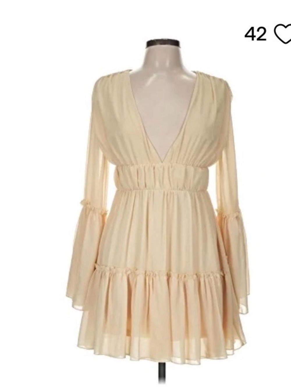Deep V-Neck Tiered Long-Sleeve Mini Dress in Cream